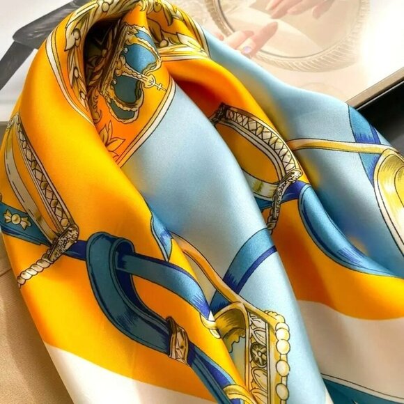 NWT - Elegant Orange-Blue Altar Print Square Scarf (SKU 0281) - Picture 8 of 8